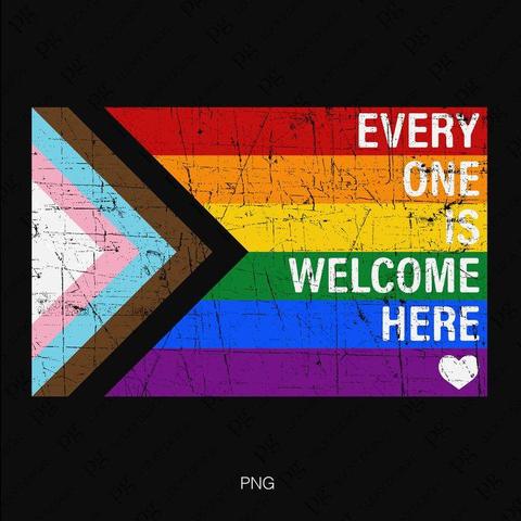Die progressive Pride Flag, auf den Regenbogenstreifen steht 
EVERY 
ONE
IS
WELCOME 
HERE